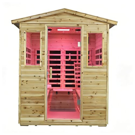 Kanlanth Outdoor Infrared Sauna with Red Light Therapy, 4 Person 2050watt Canadian Hemlock Wood Personal Sauna Room for Indoor Home, with Blue-Tooth, 4 Chromo Therapy Lighting, Control, Cup Holder Kanlanth