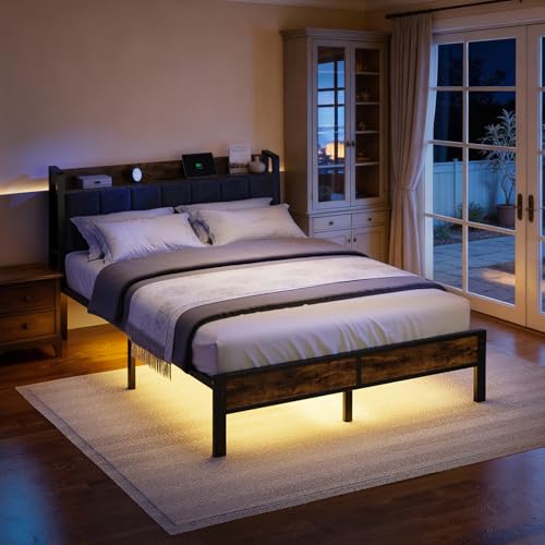 Queen Size Bed Frame with Wood Headboard, Metal Platform Bed with USB Charging Station and Smart LED Lights, No Box Spring Needed, Easy Assembly Liians