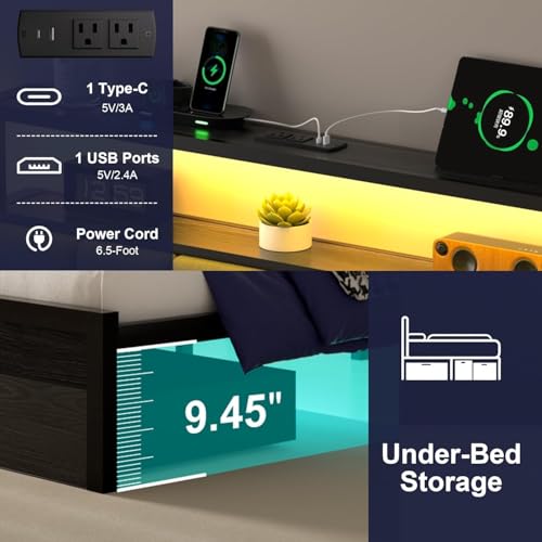 Aelawe Queen Bed Frames with Storage Drawer, Platform Bed with Charging Station and LED Lights, Upholstered Headboard with 2-Tier Storage Shelves, No Box Spring Needed Aelawe