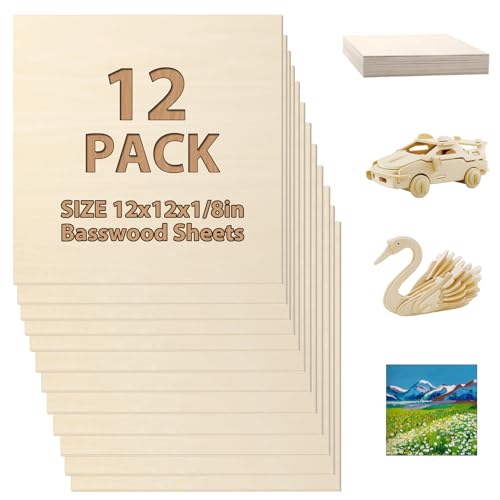 12 Pack Basswood Sheets 1/10x12x12 Inch for Crafts,Unfinished Wood for Laser Cutting & Engraving,Wood Burining,Plywood for Architectural Models. ESRICH