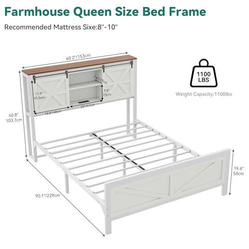 YITAHOME Farmhouse Queen Size Bed Frame with Headboard, Bookcase Storage Shelves, Sliding Barn Door, Charging Station, Rustic Wood Platform Bed, No Box Spring Needed, White