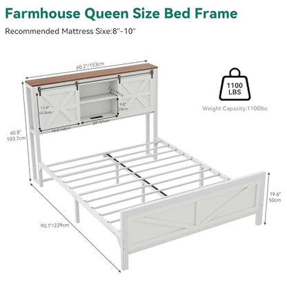 YITAHOME Farmhouse Queen Size Bed Frame with Headboard, Bookcase Storage Shelves, Sliding Barn Door, Charging Station, Rustic Wood Platform Bed, No Box Spring Needed, White