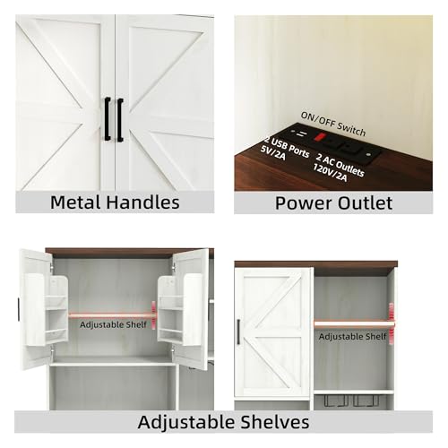 71" Kitchen Pantry Cabinet with Charging Station & LED Light,Freestanding Buffet Storage Cabinets with Adjustable Shelves,Farmhouse Kitchen Hutch with Microwave Stand for Dining Room (White+Brown) Anwick