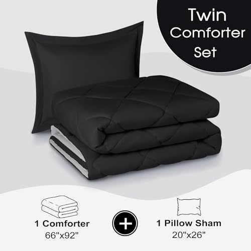 Beyond Basic Twin Comforter Set - Reversible All Seasons, Black/Grey, 1 Comforter (66"x92") and 1 Pillow Sham (20"x26"+2") Basic Beyond