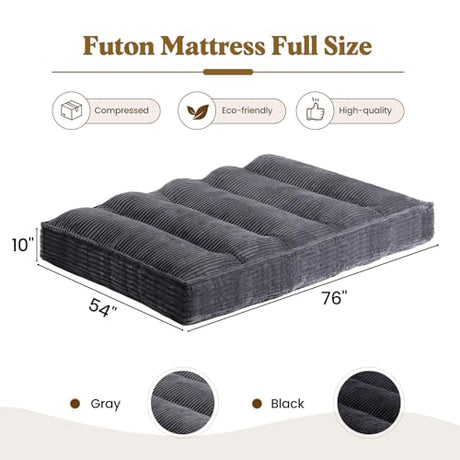 NLDD 10" Futon Mattress Full Size, Ultra Thick Futons Sofa Couch Bed Sleeper Sofa Bed, Versatile Floor Futons Japanese Floor Mattress for Adults, Grey (Frame Not Included) NLDD