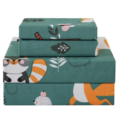 JSD Green Forest Animals Kids Sheet Set Twin Size, 3 Piece Woodland Printed Microfiber Bed Sheets Deep Pocket JSD