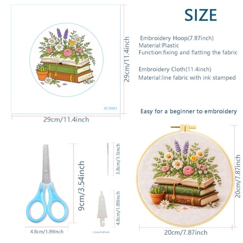 Zhenqing Books and Flowers Embroidery Kit for Beginners, Pre-Printed 29x29cm Cotton Fabric with 20cm Hoop, Literary and Nature Themed Design for Home Decor (JC0003)