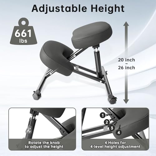 PU Leather Ergonomic Kneeling Chair, Adjustable Home and Office Stool with Thick Pads and Flexible Lockable Brake Wheels for Back Pain Relief（Dark Gray） DENGTELI