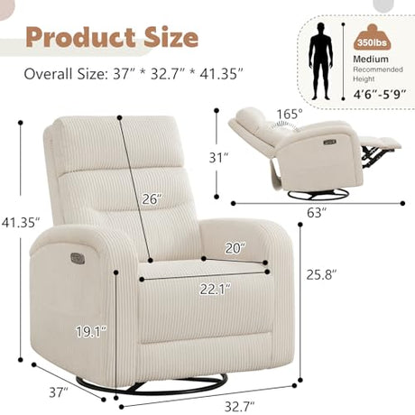 Power Swivel Rocker Recliner, Upholstered Glider Recliner Nursery Chair with Type-C & USB Port, Swivel Rocking Nursery Recliners with Double Pockets for Living Room Bedroom, Corduroy Cream White AEMEIOS