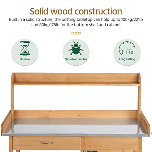 Yaheetech Outdoor Garden Potting Bench Table Work Bench Metal Tabletop W/Cabinet Drawer Open Shelf Natural Wood - WoodArtSupply