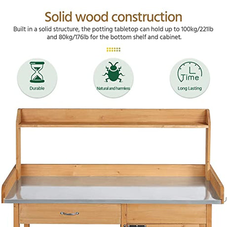 Yaheetech Outdoor Garden Potting Bench Table Work Bench Metal Tabletop W/Cabinet Drawer Open Shelf Natural Wood Yaheetech