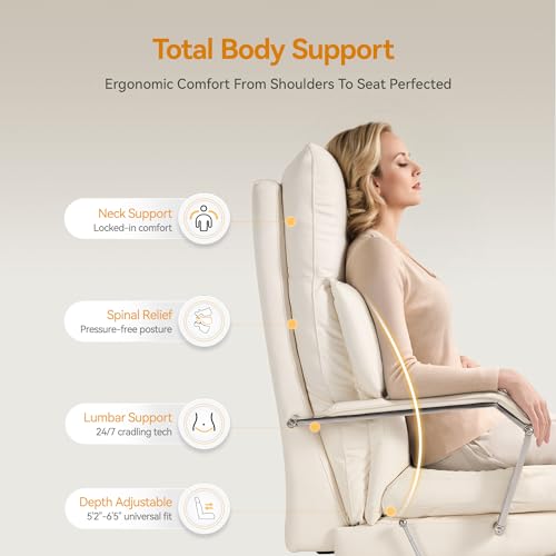 OKUP M76 160° Reclining Office Chair with Footrest, 10" Thick Cloud Cushion Executive Desk Chair, Extra Wide Cross-Legged Ergonomic Chair for Big and Tall, Adjustable Seat Depth, Easy Assembly, Cream OKUP