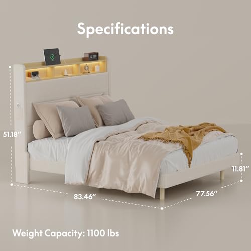 FLEXISPOT King Platform Bed Frame with 51" Tall Upholstered Corduroy Headboard, Two-Tier Storage Shelves, LED Light & Charging Station, Remote Pocket, No Box Spring Needed,1100Ibs Heavy-Duty, Beige FLEXISPOT