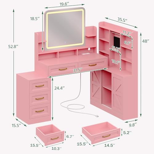 Dnxao Makeup Vanity with Mirror and Lights,Vanity Desk with Lights & 5 Drawers,Makeup Desk with Charging Station & Cabinets Adjustable Width, Modern Dressing Table for Bedroom,Pink Dnxao