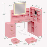 Dnxao Makeup Vanity with Mirror and Lights,Vanity Desk with Lights & 5 Drawers,Makeup Desk with Charging Station & Cabinets Adjustable Width, Modern Dressing Table for Bedroom,Pink Dnxao