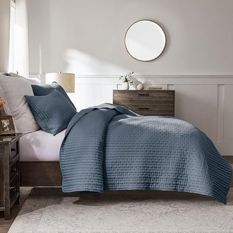 WDCOZY Blue Cross Stitch King Size Quilt Set, Striped Lightweight Soft Bedspread, Channel Farmhouse Rustic Coverlet, All Season Country Bedding, Thin Comforter WDCOZY