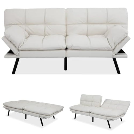 MUUEGM Futon Sofa Bed Memory Foam White Futons Modern Office Couch Sleeper Bed Convertible Love seat Sofa for Small Spaces,Apartment,Office with Adjustable Armrest Backrest MUUEGM