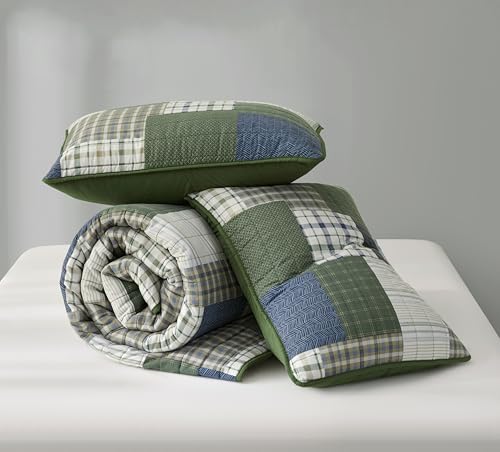 Chezmoi Collection Cedar 2-Piece Printed Patchwork Quilt Set, Green Navy Plaid Coverlet - Pre-Washed Microfiber Lightweight Bedspread for All Seasons, Twin Size Chezmoi Collection