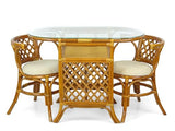 Borneo Compact Dining Set Colonial Color, Table with Glass Top + 2 Chairs with Cream Cushions, Handmade Natural Wicker Rattan Furniture Wickerix