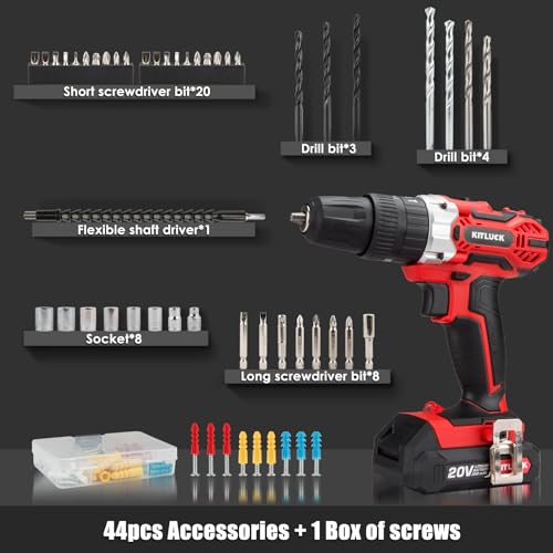 Cordless Drill Set, 20V Power Drill Kit with 2 X 2.0AH Battery, 44pcs Drill/Driver Bits, 1 Box Screws, Bubble Level, 3/8'' Chuck Electric Drill, 32NM, 21+3 Position, 2 Variable Speed KITLUCK