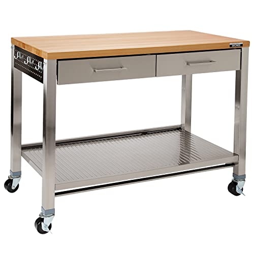 Seville Classics, Steel w/ Solid Wood Top, 48" W x 24" D x 37.5" H - WoodArtSupply