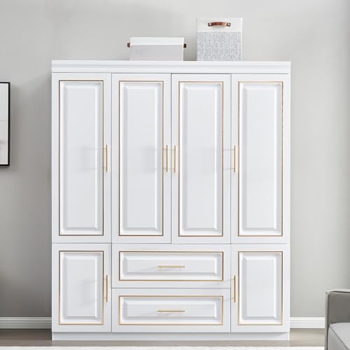 ModMakers 74" H 4 Doors 2Drawers White Bedroom Wardrobe Armoire Closet, Freestanding Bathroom Armoire Cabinet with Hanging Rod Shleves, Large Wooden Bedroom Clothes Storage Organizer