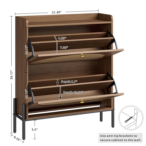 IRONCK Shoe Cabinet Storage with 2 Flip Drawers, Free Standing Wooden Shoe Storage Organizer Cabinet with Rattan Doors for Entryway, Narrow Shoe Rack Cabinet, Walnut IRONCK