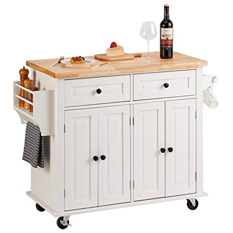 VEVOR Kitchen Island Cart with Solid Wood Top, 35.4" Width Mobile Carts with Storage Cabinet, Rolling Kitchen Table with Spice Rack, Towel Rack, and Drawer, Portable Islands on Wheels, White VEVOR