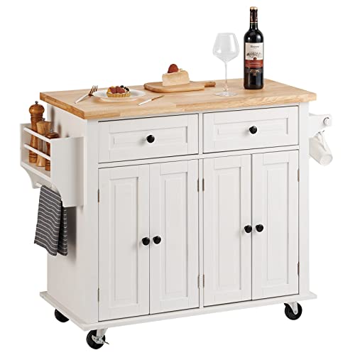 VEVOR Kitchen Island Cart with Solid Wood Top, 35.4" Width Mobile Carts with Storage Cabinet, Rolling Kitchen Table with Spice Rack, Towel Rack, and Drawer, Portable Islands on Wheels, White - WoodArtSupply