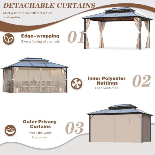 EROMMY 12' x 16' Gazebo Polycarbonate Double Roof Canopy Outdoor Aluminum Frame Pergola, Permanent Pavilion with Netting and Curtains for Garden Patio Lawns Parties - WoodArtSupply