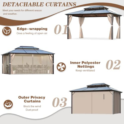 EROMMY 12' x 16' Gazebo Polycarbonate Double Roof Canopy Outdoor Aluminum Frame Pergola, Permanent Pavilion with Netting and Curtains for Garden Patio Lawns Parties - WoodArtSupply