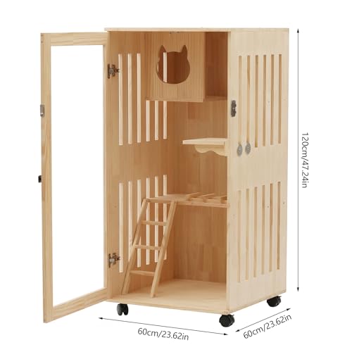 FONSOLUM Large Wooden Cat House with LED Light, Multi-Feature Cats Cage Cat Condo with Scratching Post and Wheels, Catio Cat Enclosure Cat Shelter for Indoor and Outdoor(24 * 24 * 47In) FONSOLUM