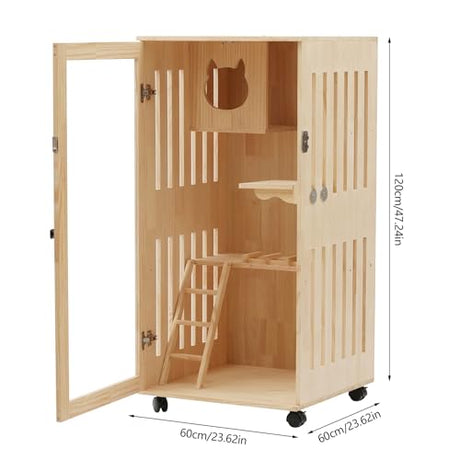 FONSOLUM Large Wooden Cat House with LED Light, Multi-Feature Cats Cage Cat Condo with Scratching Post and Wheels, Catio Cat Enclosure Cat Shelter for Indoor and Outdoor(24 * 24 * 47In) FONSOLUM