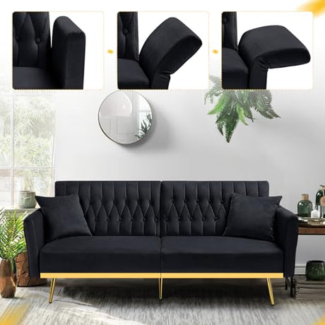 ACMEASE 70” Velvet Futon Sofa Bed with 2 Pillows and Adjustable Armrests, Convertible Sleeper Bed W/Adjustable Backrests, Modern Loveseat for Living Room, Bedroom, Black ACMEASE