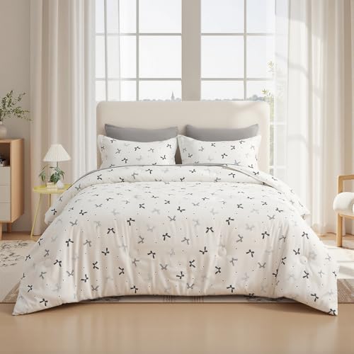 Jameswish 7 Pieces Black Bow Comforter Set for Girls Kids Soft Fluffy Bedding Set Full Size Bed in A Bag as Gifts (1 Comforter, 1 Flat Sheet, 1 Fitted Sheet, 2 Pillowcase and 2 Pillow Sham) Jameswish