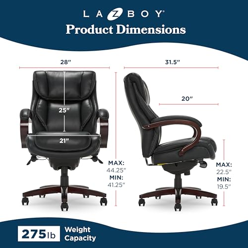 La-Z-Boy® Bellamy Executive Office Chair with Memory Foam Cushions, Real Wood Arms and Swivel Base, Waterfall Seat Edge, Faux Bonded Leather, Black La-Z-Boy