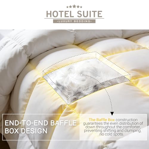 Hotel Suite Feather Down Comforter, Natural Fluffy Duvet Insert, Luxurious Hotel Collection Quilts, All Season Bedding Comforter, 100% Cotton Cover（Full/Queen Size, 88 x 88 Inch, White） Hotel Suite