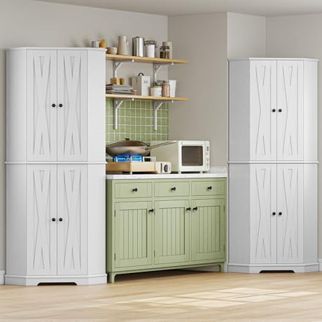 IRONCK Corner Cabinet, 72" H Kitchen Pantry Storage Cabinet, 4 Barn Doors with Storage Rack, 4 Adjustable Shelves, 6-Tier Tall Food Pantry Cabinet, Farmhouse Hutch for Kitchen Dining Room, White IRONCK