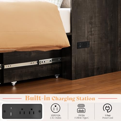 AMERLIFE Twin Murphy Bed Cabinet with Charging Station and Storage Drawer, Farmhouse Foldable Platform Bed for Home Office, Apartment, Small Spaces, Black Oak AMERLIFE