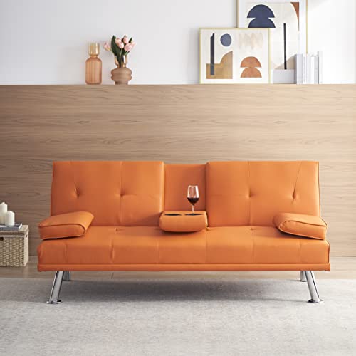 KEIKI 67" Leather Folding Futon Sofa w/Cup Holder & Adjustable Backrest, Mid Century Modern Couch Loveseat Convertible to Sleeper Bed, Comfy Cloud Couch SofaBed for Living Room & Bedroom, Orange KEIKI