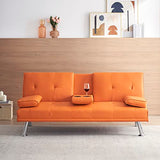 KEIKI 67" Leather Folding Futon Sofa w/Cup Holder & Adjustable Backrest, Mid Century Modern Couch Loveseat Convertible to Sleeper Bed, Comfy Cloud Couch SofaBed for Living Room & Bedroom, Orange KEIKI
