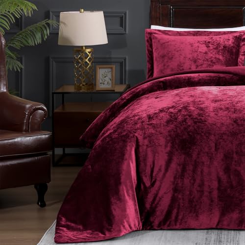 TAMGHO Crushed Velvet Maroon Burgundy King Size Comforter Set, Dark Red Luxury Soft Fluffy Bedding for All Seasons, 3 Pcs Bed Set Includes 1 Comforter (108"x96") and 2 Pillow Shams (20"x36")