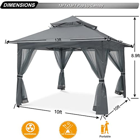 ABCCANOPY Pop Up Gazebo 13x13 - Outdoor Canopy Tent with Mosquito Netting for Patio Garden Backyard(Gray) ABCCANOPY