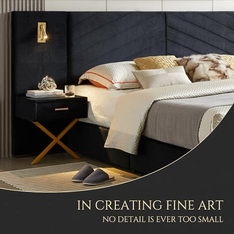 Olodumare Luxurious King Platform Bed Frame, Velvet Upholstered Headboard with 2 Built-in Wall Sconces & Nightstands, Sturdy Metal & Solid Wood Frame, Squeak-Free, No Box Spring Needed, Polar Black Olodumare