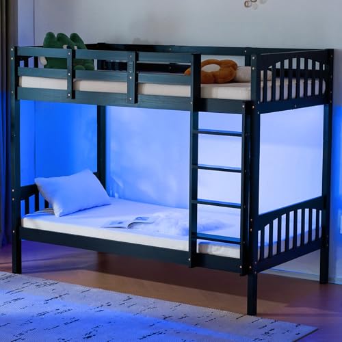 VINGLI Solid Wood Bunk Bed Twin Over Twin, Bunk Beds with Storage Underneath for Kids and Adults with LED Lights/USB Port Charging Station/Extra 15 inches Tall Guardrail,Black VINGLI