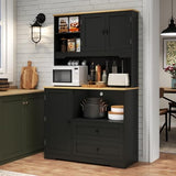 Kitchen Pantry Storage Cabinet,Freestanding Buffet Cabinet with Wine Glass Holder,Food Pantry Cabinet with Doors and Shelves,Tall Kitchen Hutch Cabinet with Microwave Stand for Kitchen (Black) Gyfimoie