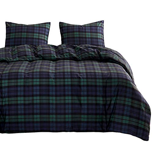 Wake In Cloud - Plaid Comforter Set, Scottish Tartan Check Geometric Modern Pattern Printed, Soft Lightweight Bedding, 3 Pieces, Dark Green, Full Size Wake In Cloud
