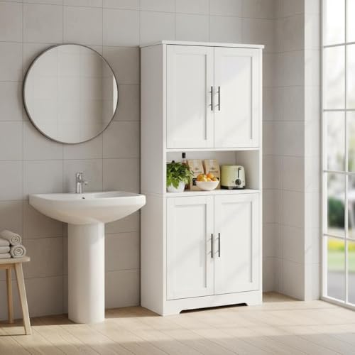LIZHOUMIL 70" Tall Bathroom Storage Cabinet with Doors, Adjustable Shelves and Open Center Storage, Freestanding Bathroom Organizer,White LIZHOUMIL