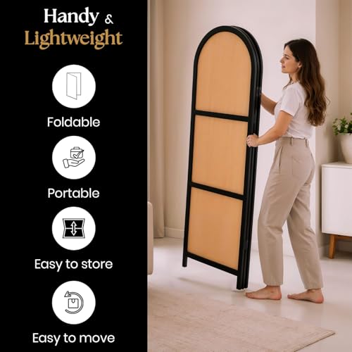 ELK & ELDER 3-Panel Room Divider | Folding Privacy Screen with Arched Dark Wood Frames and Light Woven Panels | Portable Divider for Home,Office, Living Room, Bedroom | 66" H x 56" W |Dark Wood/Beige ELK & ELDER