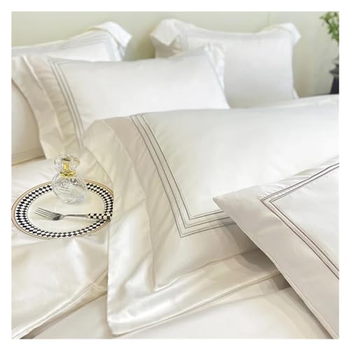 YUSIWOAL Cotton Bedding Set Home Textile Three Lines Embroidery Luxurious Pillowcase Sheet Quilt Cover Twin/Queen/Single Bed,Summer Duvet Cover sets(Bianco,Queen size 1.8M Bed 4pcs) YUSIWOAL